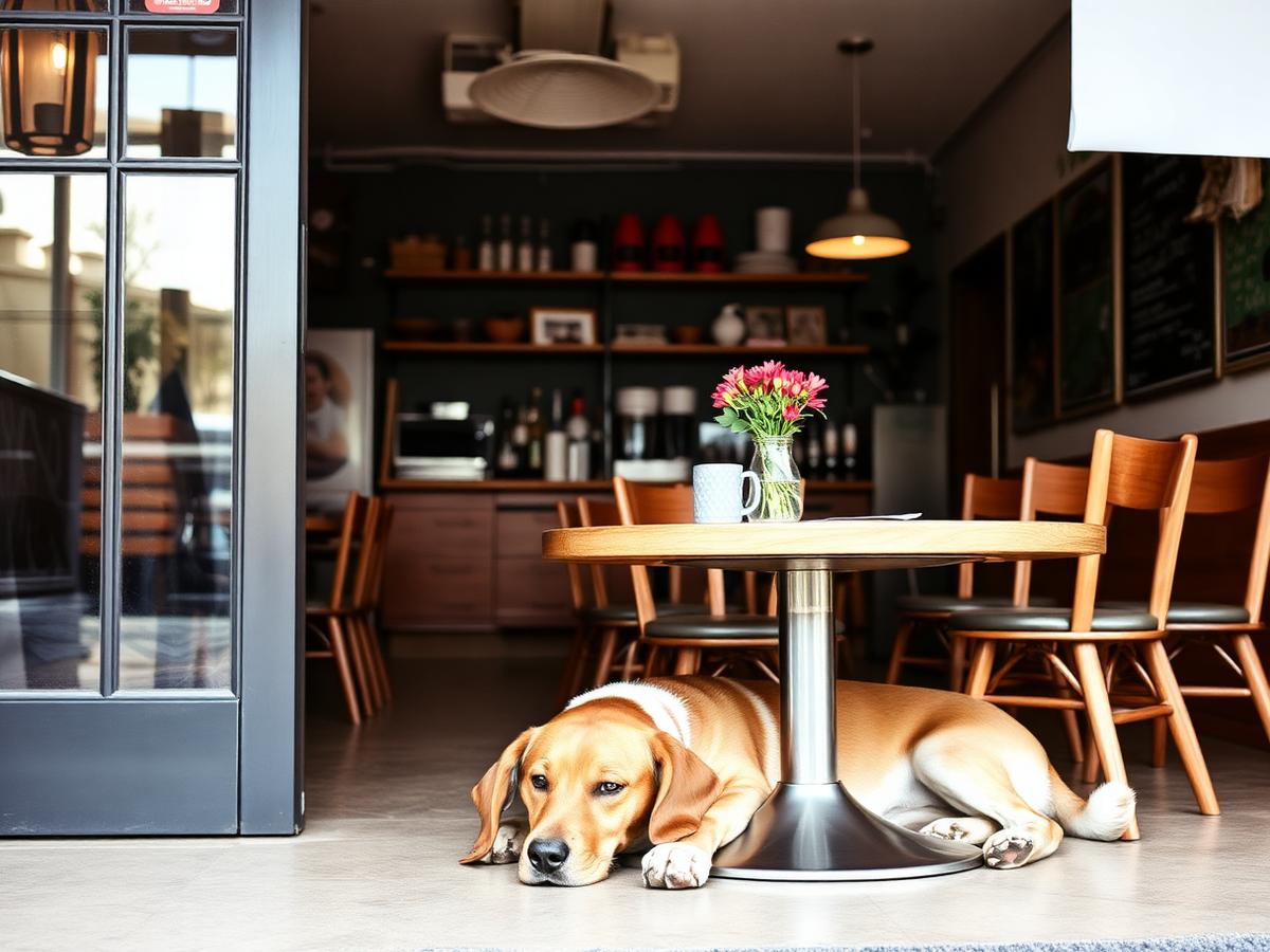 A dog resting under a table in a pet-friendly café