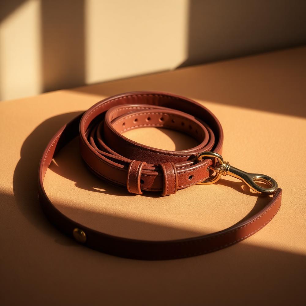 Coiled leather dog leash with brass clasp