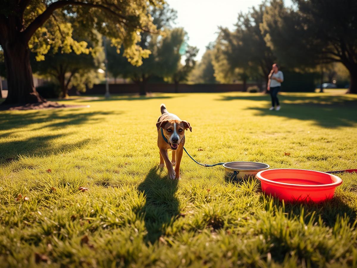 A dog walking on shaded grass in an Austin park with a water bowl nearby