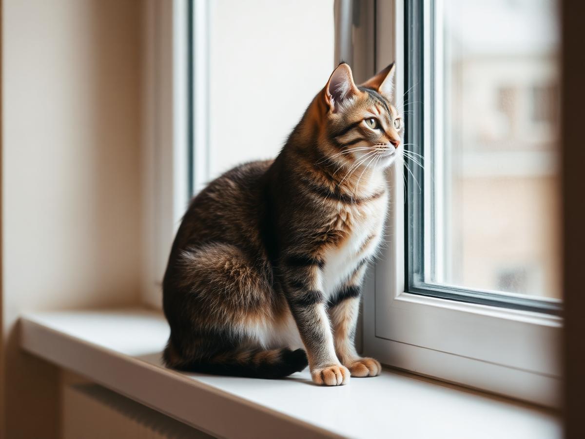A tabby cat sitting on a windowsill looking outside