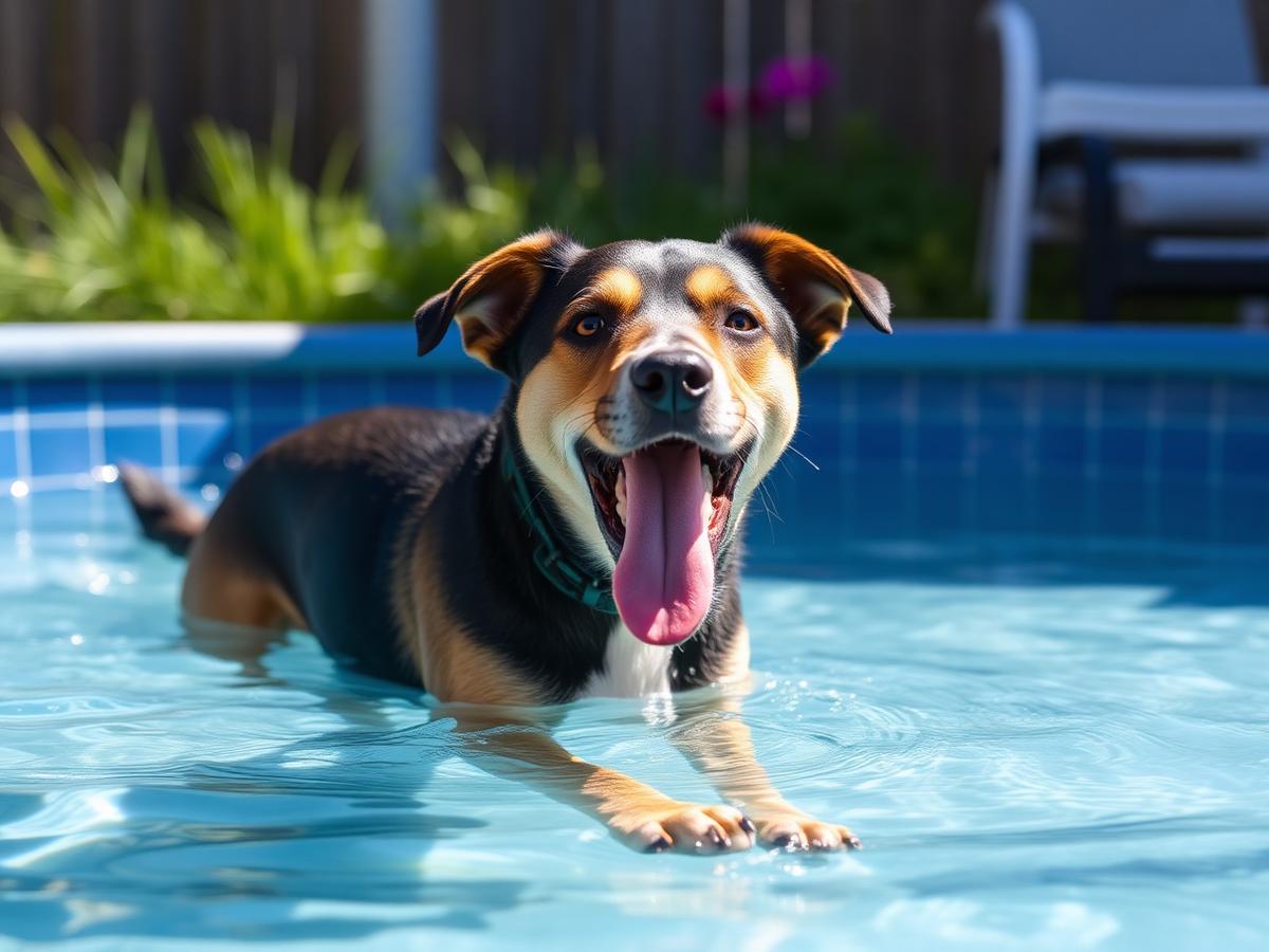 A dog swimming in a shallow pool