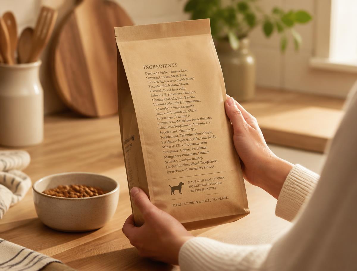 Pet food kibble on a warm background