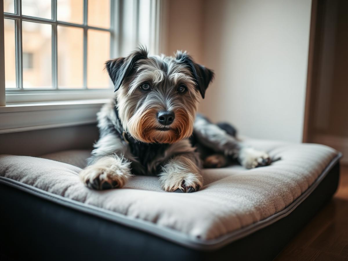 A senior dog resting on an orthopedic bed by a window