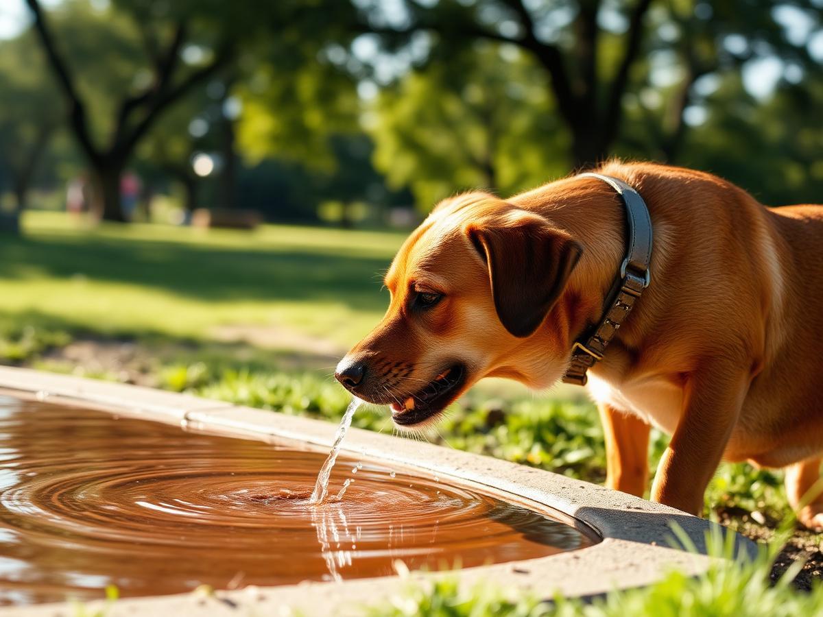 A dog drinking from a park water fountain on a sunny day
