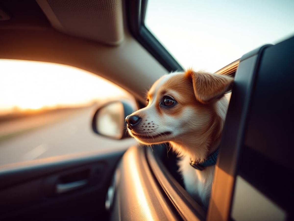 A small dog looking out of a car window on a road trip