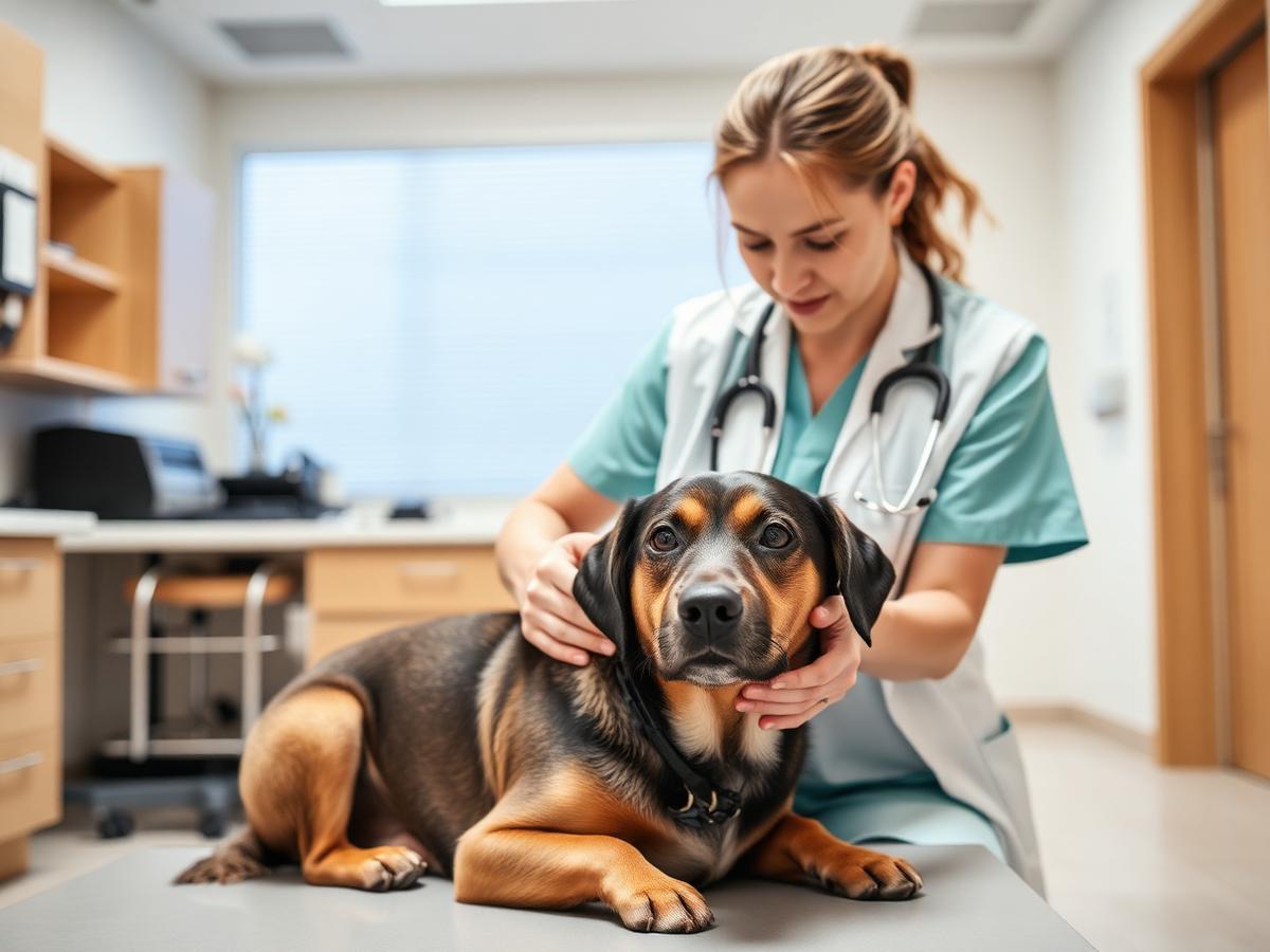 A veterinarian examining a calm dog in a clinic